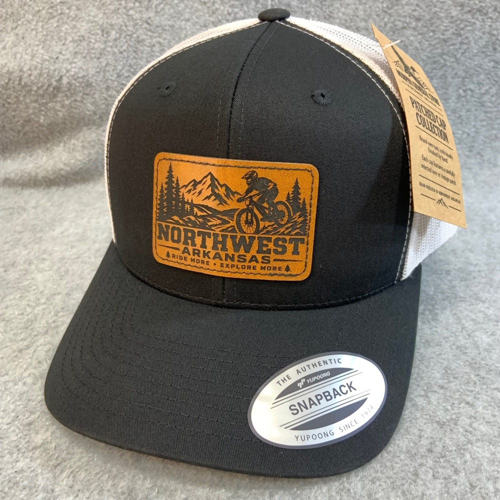 Northwest Arkansas Mountain Bike Ride More Explore Patch Black Trucker Hat NWT